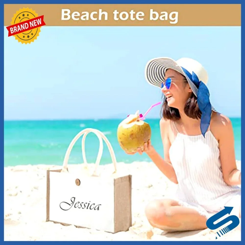 Natural Jute Tote Bags Reusable Waterproof Beach Shopping DIY Canvas